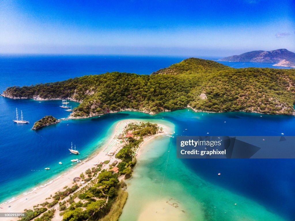 Blick auf die blaue Lagune, Ölüdeniz, Mugla, Türkei