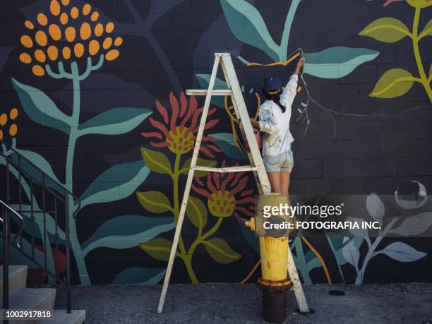 muurschildering kunstenaar op het werk - street art stockfoto's en -beelden