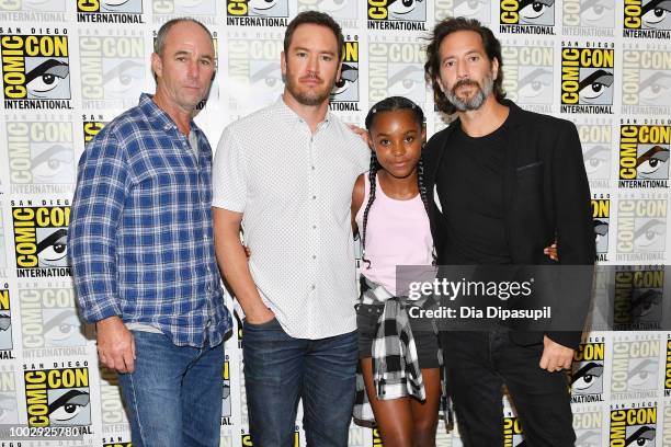 Jamie McShane, Mark-Paul Gosselaar, Saniyya Sidney, and Henry Ian Cusick attend 'The Passage' Press Line during Comic-Con International 2018 at...