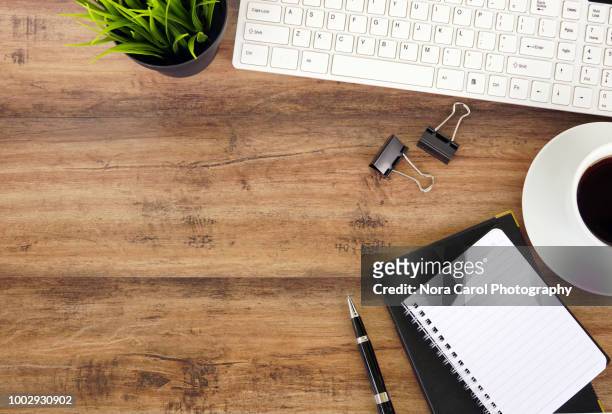 top view of office desk - desk stock pictures, royalty-free photos & images
