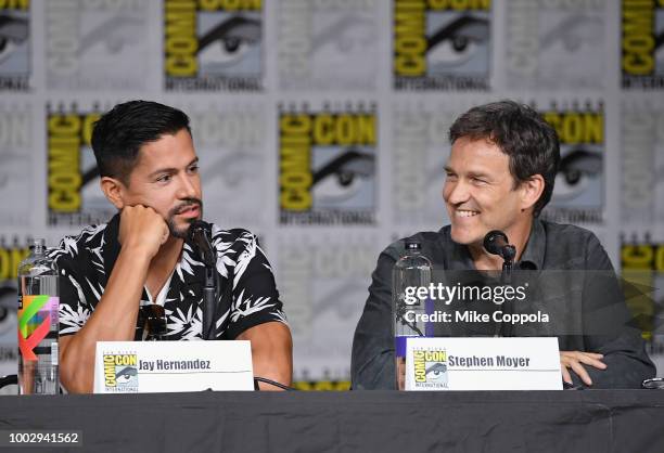 Jay Hernandez and Stephen Moyer speak onstage at Entertainment Weekly's Brave Warriors Panel during Comic-Con International 2018 at San Diego...