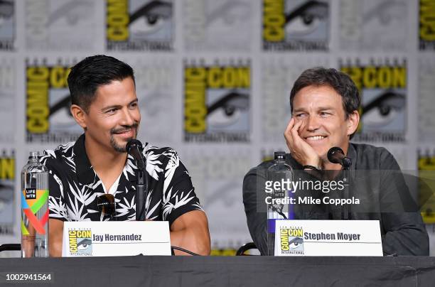 Jay Hernandez and Stephen Moyer speak onstage at Entertainment Weekly's Brave Warriors Panel during Comic-Con International 2018 at San Diego...