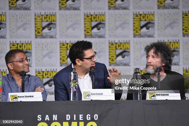 Naren Shankar, Sam Esmail and Neil Gaiman speak onstage at the Amazon Prime Video Showcase during Comic-Con International 2018 at San Diego...