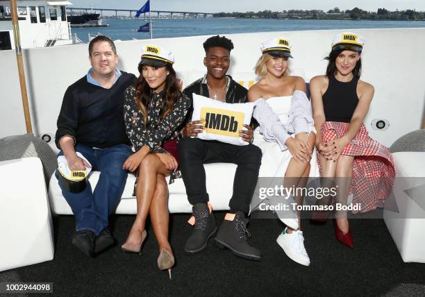 Joe Pokaski, Ally Maki, Emma Lahana, Aubrey Joseph, Olivia Holt and Emma Lahana attend the #IMDboat At San Diego Comic-Con 2018: Day Two at The IMDb...