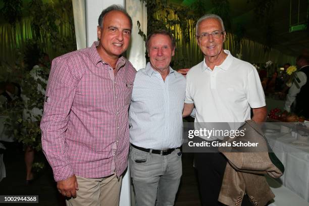 Former soccer player Hansi Mueller, Berti Vogts and Franz Beckenbauer during a bavarian evening ahead of the Kaiser Cup 2018 on July 20, 2018 in Bad...