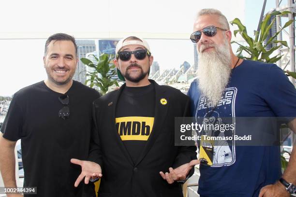 Bryan Johnson, host Kevin Smith and Brian Quinn attend the #IMDboat At San Diego Comic-Con 2018: Day Two at The IMDb Yacht on July 20, 2018 in San...
