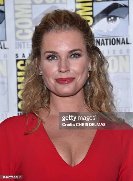 Actress Rebecca Romijn arrives for the press line of The Death of Superman at Comic Con in San Diego, California on July 20, 2018.