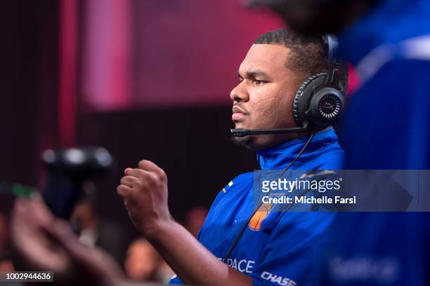 NateKahl of Knicks Gaming plays against the Pistons Gaming Team on July 20, 2018 at the NBA 2K Studio in Long Island City, New York. NOTE TO USER:...