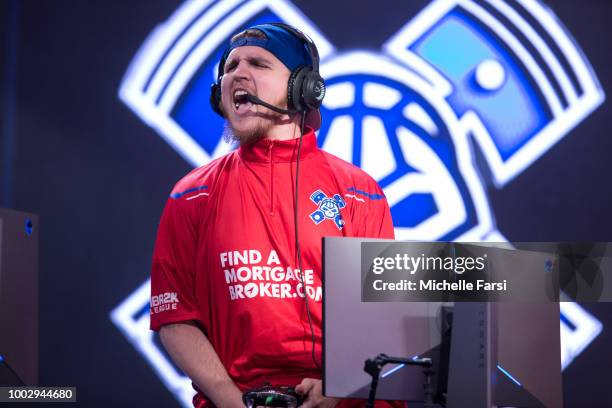 Lets Get It Ramo of Pistons Gaming Team reacts during the game against Knicks Gaming on July 20, 2018 at the NBA 2K Studio in Long Island City, New...