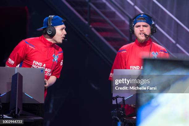 Lets Get It Ramo of Pistons Gaming Team and JosephTheTruth of Pistons Gaming Team react during the game against Knicks Gaming on July 20, 2018 at the...