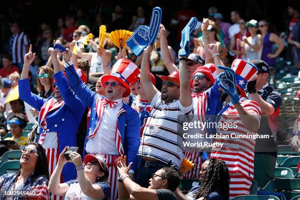 Fans of team USA show their support during day one of the Rugby World Cup Sevens at AT&T Park on July 20, 2018 in San Francisco, California.