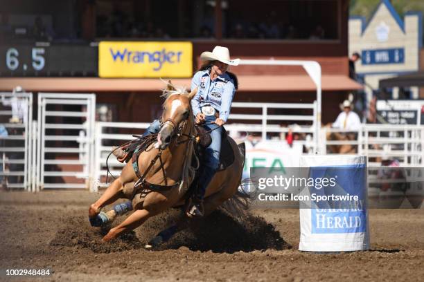Barrel racer Hailey Kinsel of Cotulla, TX, won her event with this final ride at the Calgary Stampede on July 15, 2018 at Stampede Park in Calgary,...
