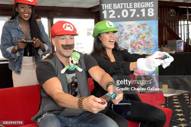 Aleks Paunovic and Jennifer Cheon put their gaming skills to the test playing Mario Kart 8 Deluxe on Nintendo Switch at the Variety Studio at...