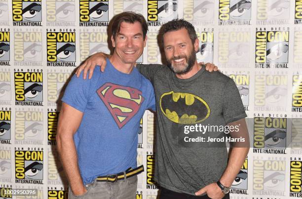 Jerry O'Connell and Jason O'Mara attend 'The Death Of Superman" Press Line during Comic-Con International 2018 at Hilton Bayfront on July 20, 2018 in...