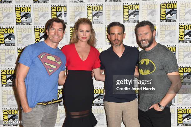 Jerry O'Connell, Rebecca Romijn, Christopher Gorham and Jason O'Mara attend 'The Death Of Superman" Press Line during Comic-Con International 2018 at...