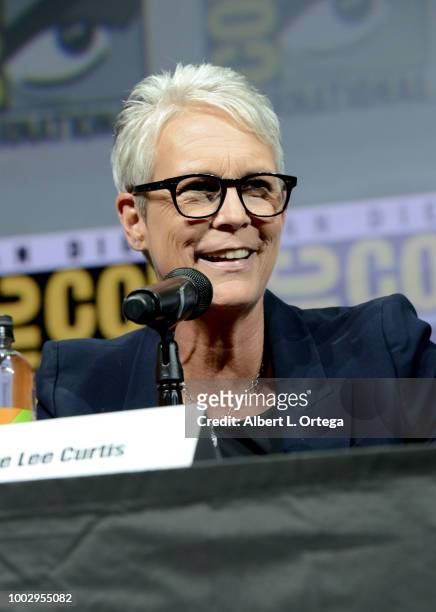 Jamie Lee Curtis speaks onstage at Universal Pictures' "Glass" and "Halloween" panels during Comic-Con International 2018 at San Diego Convention...