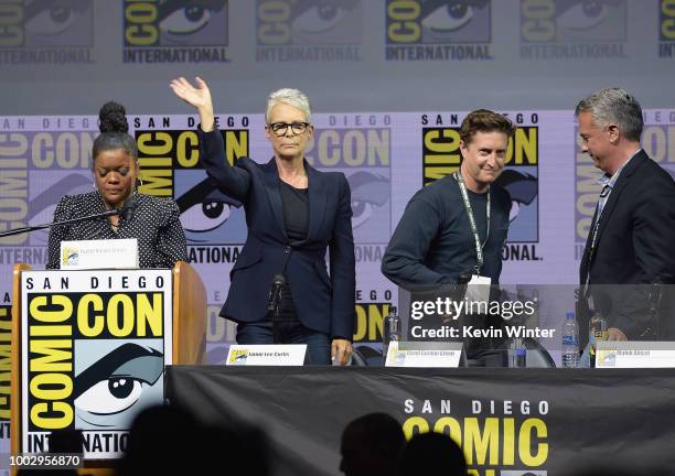 Yvette Nicole Brown, Jamie Lee Curtis, David Gordon Green, and Malek Akkad speak onstage at Universal Pictures' "Glass" and "Halloween" panels during...