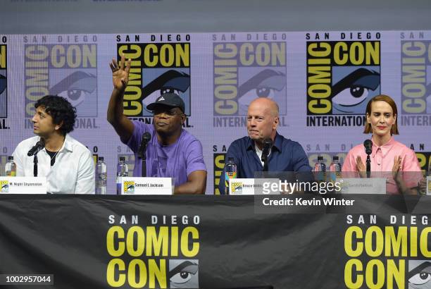 Night Shyamalan, Samuel L. Jackson, Bruce Willis, and Sarah Paulson speak onstage at Universal Pictures' "Glass" and "Halloween" panels during...