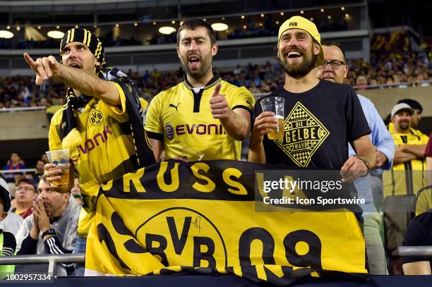 Borussia Dortmund fans cheer during the game against the Manchester City on July 20, 2018 at Soldier Field in Chicago, Illinois.