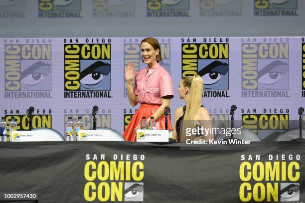 Sarah Paulson and Anya Taylor-Joy speak onstage at Universal Pictures' "Glass" and "Halloween" panels during Comic-Con International 2018 at San...
