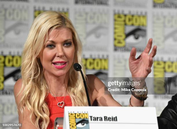 Tara Reid speaks onstage at "The Last Sharknado: It's About Time" panel during Comic-Con International 2018 at San Diego Convention Center on July...