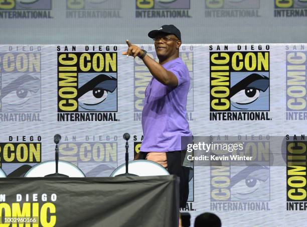 Samuel L. Jackson walks onstage at Universal Pictures' "Glass" and "Halloween" panels during Comic-Con International 2018 at San Diego Convention...