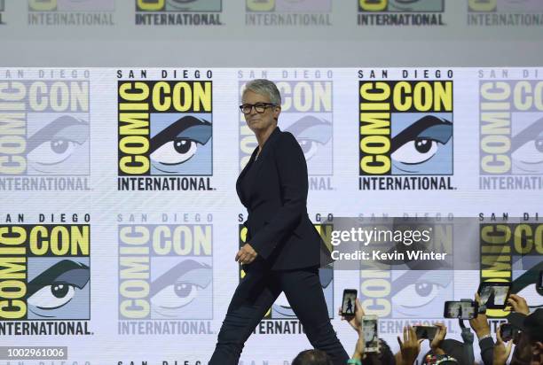 Jamie Lee Curtis speaks onstage at Universal Pictures' "Glass" and "Halloween" panels during Comic-Con International 2018 at San Diego Convention...