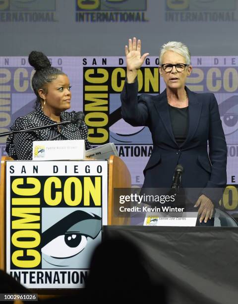 Yvette Nicole Brown and Jamie Lee Curtis speak onstage at Universal Pictures' "Glass" and "Halloween" panels during Comic-Con International 2018 at...