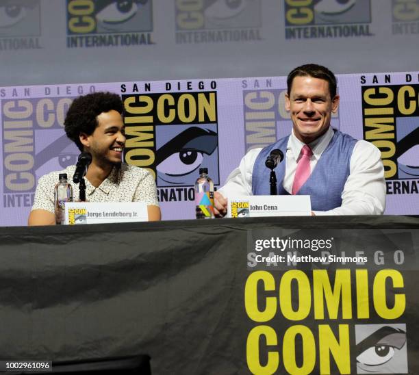 Jorge Lendeborg, Jr. And John Cena attend the Paramount Pictures' presentation for 'Bumblebee' at Comic-Con International 2018 on July 20, 2018 in...