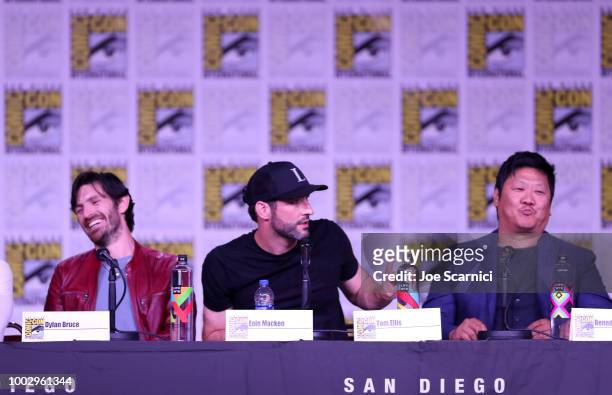 Eoin Macken, Tom Ellis, and Benedict Wong attend Entertainment Weekly "Brave Warriors" panel during San Diego Comic-Con 2018 at the San Diego...