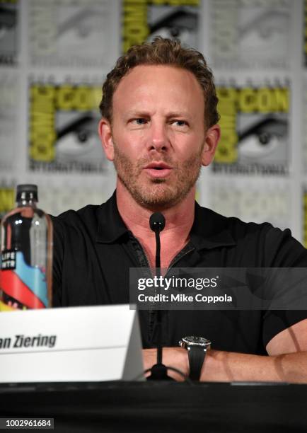 Ian Ziering speaks onstage at "The Last Sharknado: It's About Time" panel during Comic-Con International 2018 at San Diego Convention Center on July...