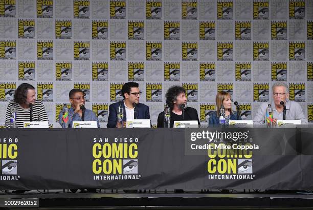 Ben Edlund, Naren Shankar, Sam Esmail, Neil Gaiman, Naren Shankar, Sam Esmail and Neil Gaiman, and Carlton Cuse speak onstage at the Amazon Prime...