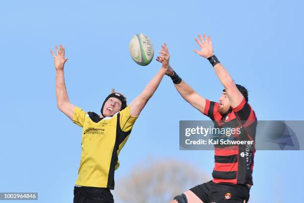 Boris van Bruchem of New Brighton and Kieran Coll of Christchurch compete for a lineout during the Hawkins Metro Premier Trophy Semi Final match...