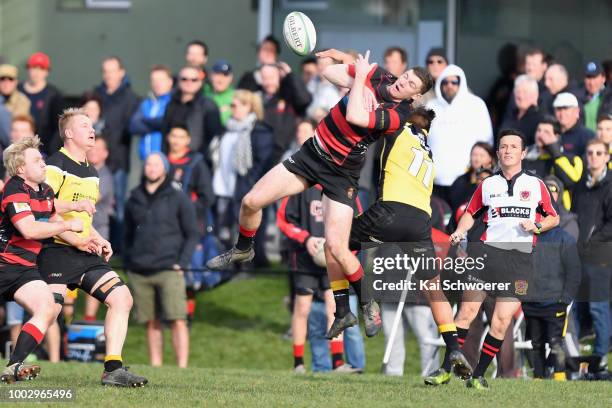 Chris Mason of Christchurch attempts to catch the ball during the Hawkins Metro Premier Trophy Semi Final match between Christchurch FC and New...