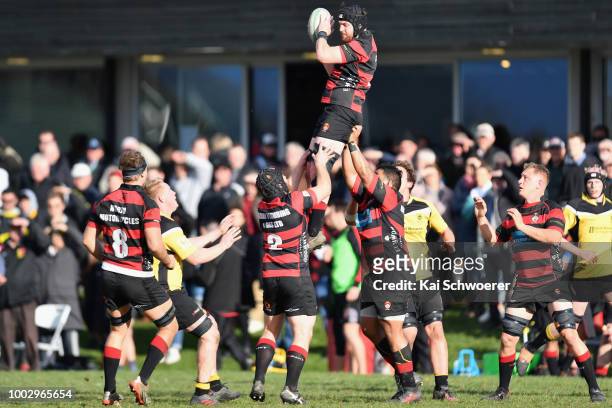 Kieran Coll of Christchurch wins a lineout during the Hawkins Metro Premier Trophy Semi Final match between Christchurch FC and New Brighton RFC on...