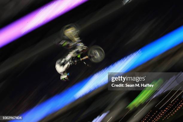 Taka Higashino of Japan competes in the Moto X Freestyle Final event of the ESPN X-Games at U.S. Bank Stadium on July 20, 2018 in Minneapolis,...