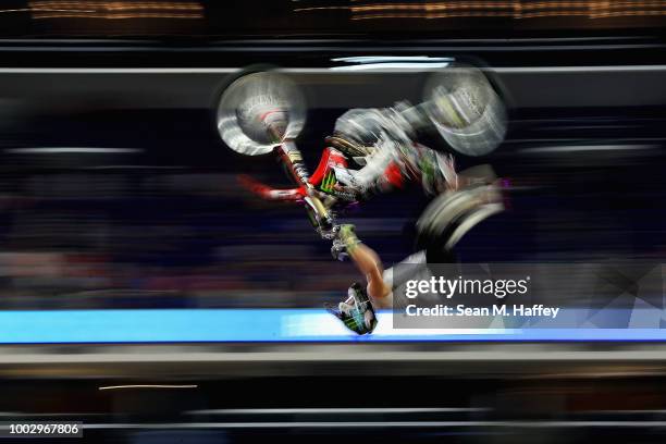 Harry Bink of Australia competes in the Moto X Freestyle Final event of the ESPN X-Games at U.S. Bank Stadium on July 20, 2018 in Minneapolis,...