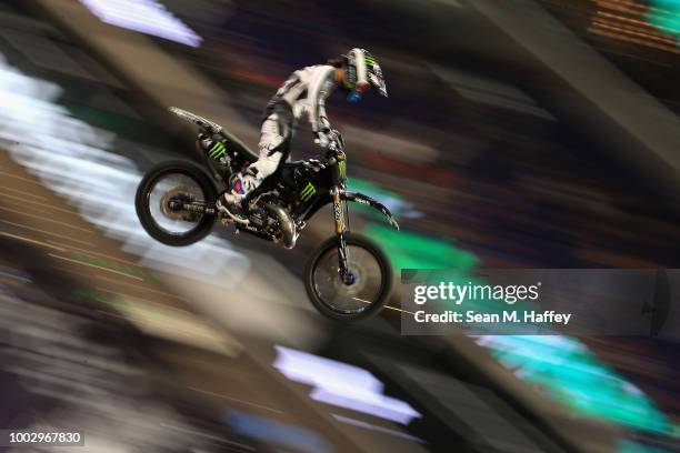 Taka Higashino of Japan competes in the Moto X Freestyle Final event of the ESPN X-Games at U.S. Bank Stadium on July 20, 2018 in Minneapolis,...