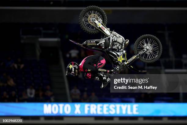 Adam Jones competes in the Moto X Freestyle Final event of the ESPN X-Games at U.S. Bank Stadium on July 20, 2018 in Minneapolis, Minnesota.