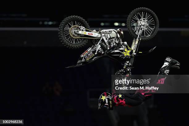 Adam Jones competes in the Moto X Freestyle Final event of the ESPN X-Games at U.S. Bank Stadium on July 20, 2018 in Minneapolis, Minnesota.