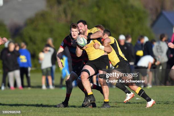 Aaron McCoy of New Brighton charges forward during the Hawkins Metro Premier Trophy Semi Final match between Christchurch FC and New Brighton RFC on...