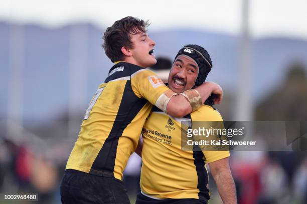 Troy Mangan and Nathan Ah Kee of New Brighton celebrate their win in the Hawkins Metro Premier Trophy Semi Final match between Christchurch FC and...