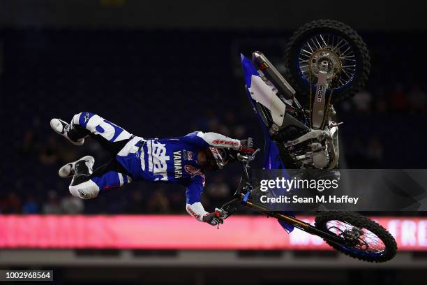 Tom Pages of France competes in the Moto X Freestyle Final event of the ESPN X-Games at U.S. Bank Stadium on July 20, 2018 in Minneapolis, Minnesota.