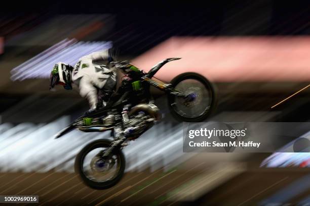 Taka Higashino of Japan competes in the Moto X Freestyle Final event of the ESPN X-Games at U.S. Bank Stadium on July 20, 2018 in Minneapolis,...