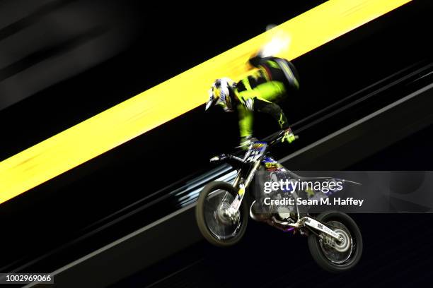 Rob Adelberg of Australia competes in the Moto X Freestyle Final event of the ESPN X-Games at U.S. Bank Stadium on July 20, 2018 in Minneapolis,...