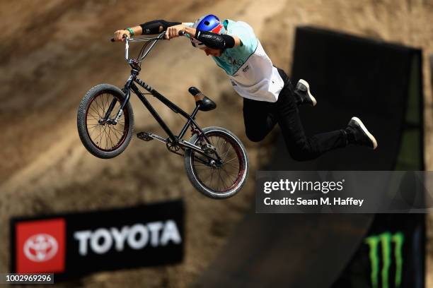 Dawid Godziek of Poland competes in the BMX Dirt qualifier event of the ESPN X-Games at U.S. Bank Stadium on July 20, 2018 in Minneapolis, Minnesota.