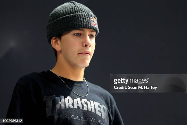 Jagger Eaton looks on during the Men's Skateboard Street qualifier event of the ESPN X-Games at U.S. Bank Stadium on July 20, 2018 in Minneapolis,...
