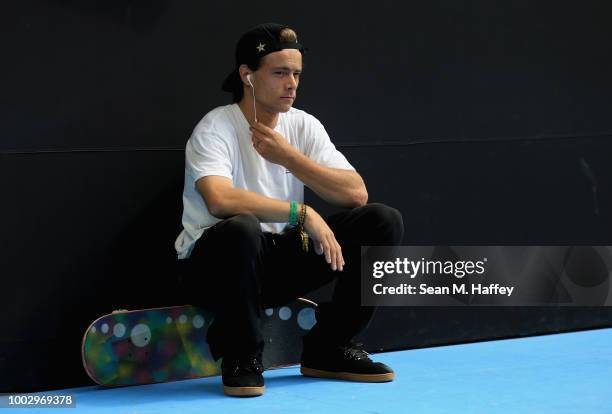 Chris Joslin looks on during the Men's Skateboard Street qualifier event of the ESPN X-Games at U.S. Bank Stadium on July 20, 2018 in Minneapolis,...