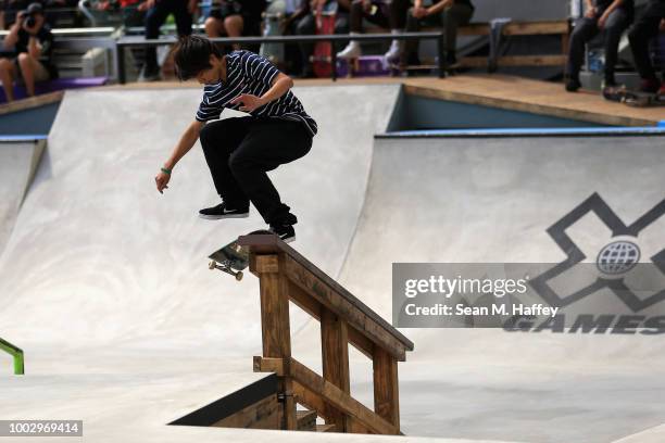 Yuto Horigome of Japan competes in the Men's Skateboard Street qualifier event of the ESPN X-Games at U.S. Bank Stadium on July 20, 2018 in...