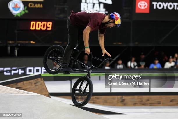 Garrett Reynolds competes in the BMX Street Final event of the ESPN X-Games at U.S. Bank Stadium on July 20, 2018 in Minneapolis, Minnesota. Reynolds...